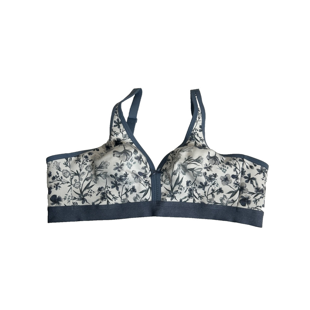 Cacique Bra Size 42C Blue White Floral Unlined Full Coverage No Wire Cotton